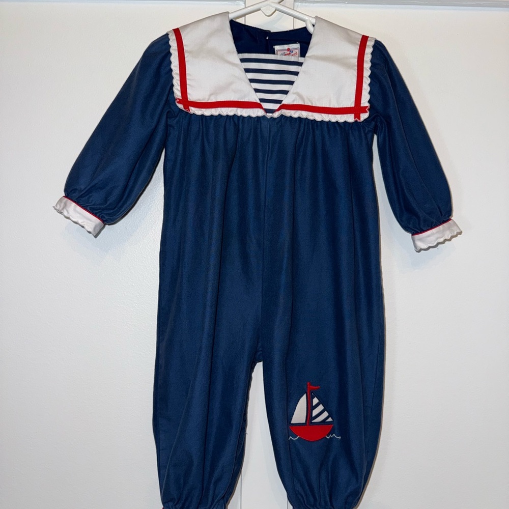 Vintage Petit Ami Nautical Blue Sailor Kids One Piece romper size 24 months